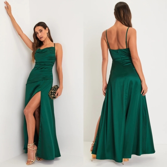 Lulus Dresses & Skirts - Lulus Unmistakable Allure Emerald Green Satin Pleated Maxi Dress XL Wedding Prom